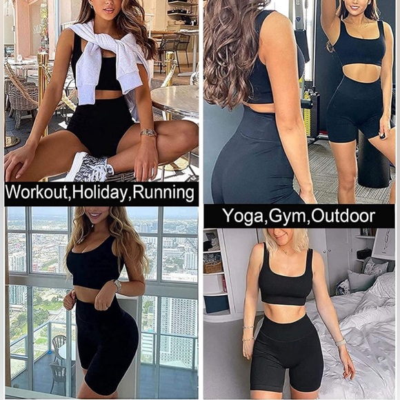 Women's Workout Sets Ribbed Tank 2 Piece Seamless High Waist Gym Outfit - Picture 4 of 5